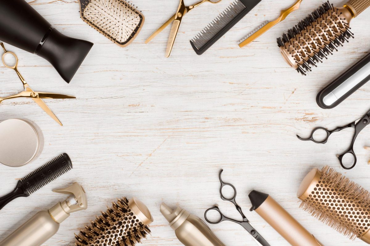 Various,Hair,Dresser,Tools,On,Wooden,Background,With,Copy,Space